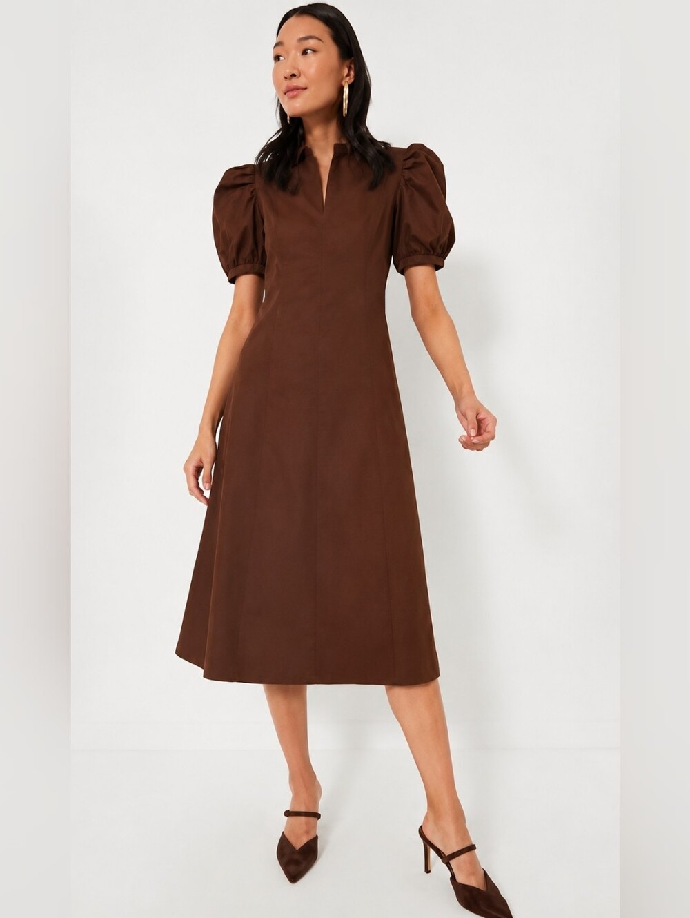 Hyacinth House Cotton Puff-Sleeve Brown Midi Dress with V-Notch Size L